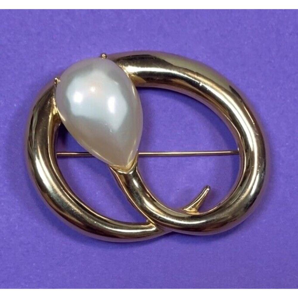Vintage ERWIN PEARL PEP Brooch Pin Gold Tone w/ Pearl 2” x 1.75" RARE
